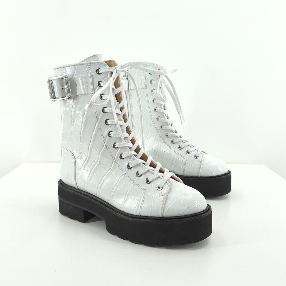 Stuart Weitzman Women 5 Ryder Boots White Ultralift Croc Leather Platform NEW